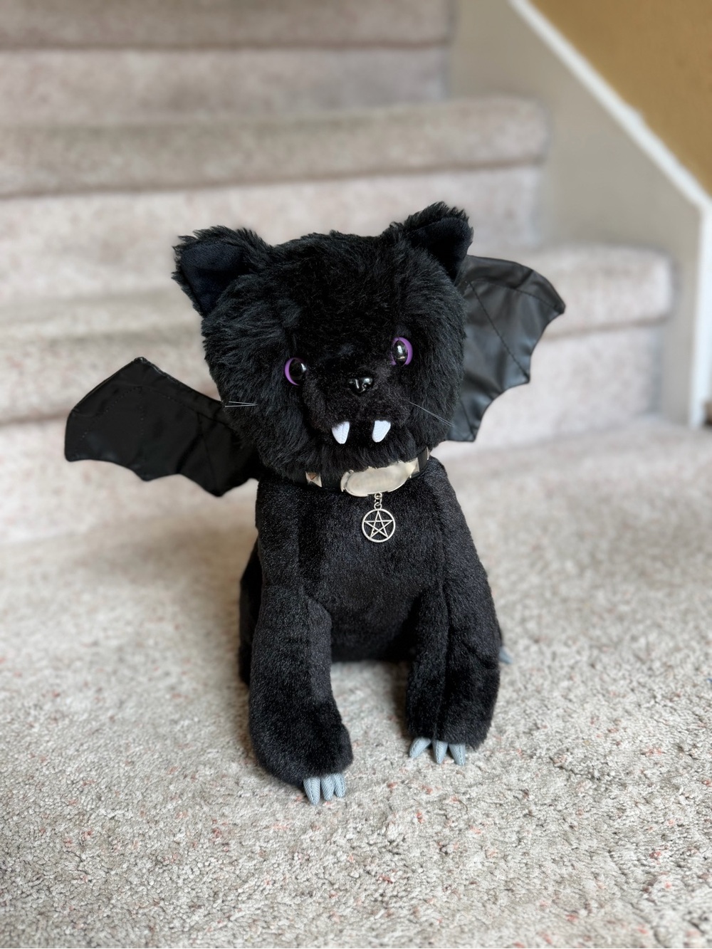 Gothic Black Bat Cat Plush with Purple Eyes and Pentagram Charm